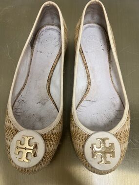 Tory Burch Natural Tan Woven Logo Ballet Flats